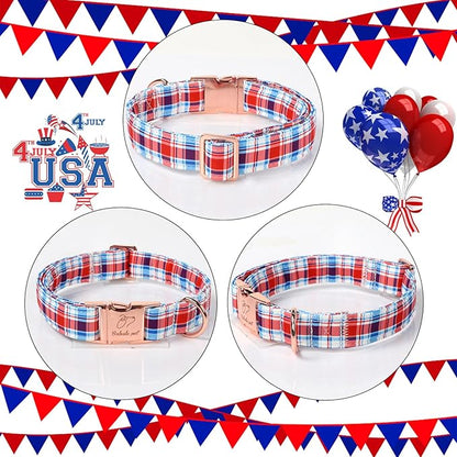 Adjustable Plaid Boy Dog Collar - Classic Boy Dog Plaid Collars for Puppy & Tiny Dogs, Durable Red White Blue Heavy Duty Metal Buckle Pet Collar XS