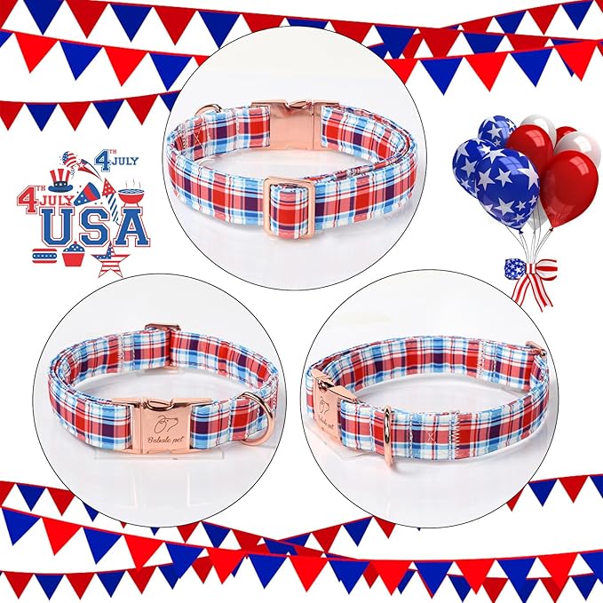 Adjustable Plaid Boy Dog Collar - Classic Boy Dog Plaid Collars for Medium Dogs, Durable Red White Blue Heavy Duty Metal Buckle Pet Collar M