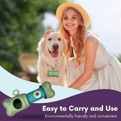 Complete Earth-Conscious Dog Waste Kit: Wheat Straw Waste Bag Dispenser with one corn starch 15-bag waste bag roll, Carabiner, Elastic Band for Secure Leash Attachment, Leak-Proof (Green)