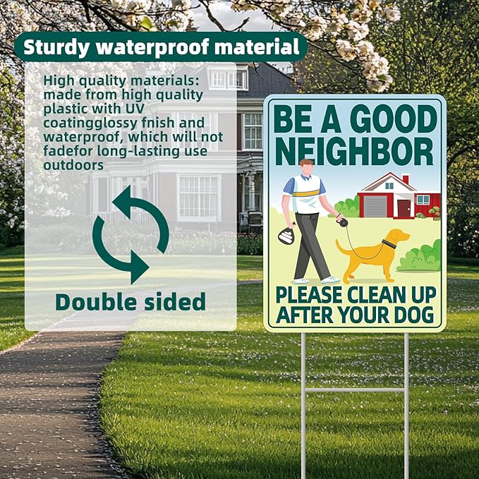 Clean UP After Your Dog Signs, 2-Pack 13"x10" Double-Sided Signs, Corrugated Plastic, H-Stake Metal Stakes, Dog Poop Signs for Lawn, Pick Up After Your Dog Sign
