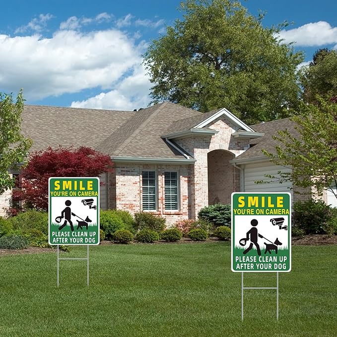 Clean UP After Your Dog Signs, 2-Pack 13"x10" Double-Sided H-Stake Metal Stakes Smile Your on Camera Signs, No Pooping Dog Signs for Yard, Pick Up After Your Dog Sign