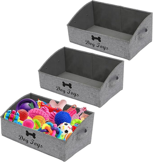 Geyecete 3 Pack Large dog toy bin dog toy box storage box - Foldable Fabric Trapezoid Organizer Boxes with Handle for Dog Toys (Snow Gray-DOG)