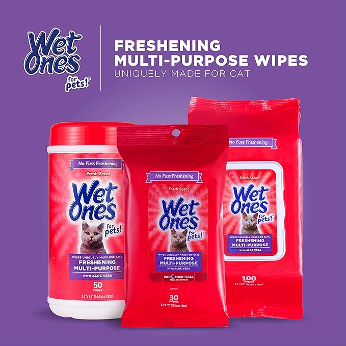 Wet Ones for Cats Freshening Wipes, Multi-Purpose Cat Grooming Wipes with Aloe Vera, Helps Remove Dirt, Odor, and Dander Between Baths, Fresh Scent, 50 Count - 12 Pack