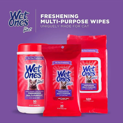 Wet Ones for Cats Freshening Wipes, Multi-Purpose Cat Grooming Wipes with Aloe Vera, Helps Remove Dirt, Odor, and Dander Between Baths, Fresh Scent, 50 Count - 3 Pack