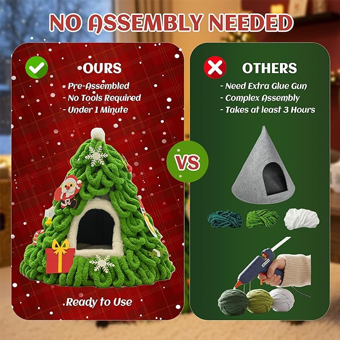 PETKARAY Cat Cave Bed for Indoor Cats, Pre-Assembled Cozy Felt Cat House with Plush Cushion, Christmas Tree–Inspired Design