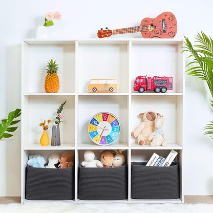 MINTWOOD Design 3-Pack Decorative Woven Storage Baskets for Shelves, Cube Bin Box for Organizing Books, Shoes, Dog Toys, Pantry Closet and Living Room Organizer, Charcoal / Black