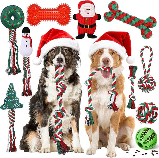 Vinsot 12 Pack Christmas Dog Gifts Large Dog Chew Toys for Aggressive Chewers Red Green White Teething Toys with Dental Rope Squeaky Balls and Chew Bone for Medium Large X-Large Breeds Dogs