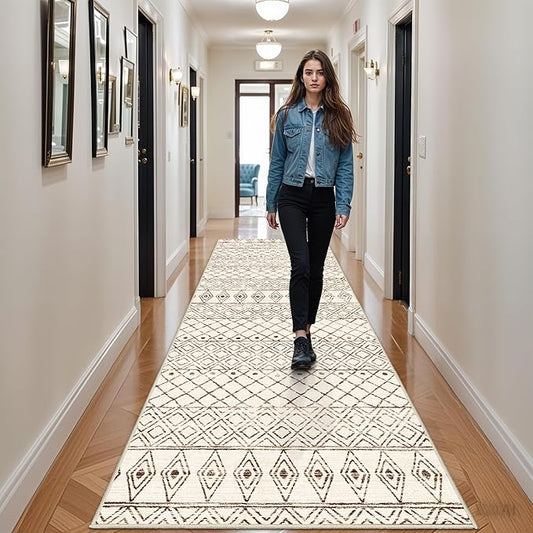 Washable 4x12 Runner Rug Hallway: Moroccan Non Slip Extra Long Rugs - Pets Friendly Runners Low Pile Soft Carpet for Kitchen Bedroom Entryway Laundry 4x12 Geo Beige