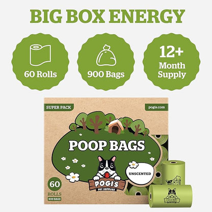 Pogi’s Dog Poop Bags – Leak-Proof & Extra Thick Pet Waste Bags (Unscented, 60 Rolls, 900-Count)
