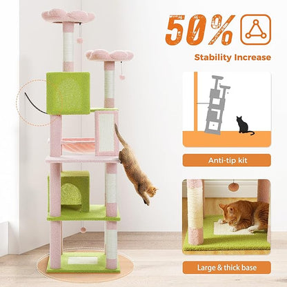 PAWZ Road Pink Cat Tower, 70 Inches Flower Cat Tree with 2 Cozy Condos, 2 Plush Perch, Large Basket, 2 Scraching Pad & 6 Scraching Posts for Indoor Cats Large Adult