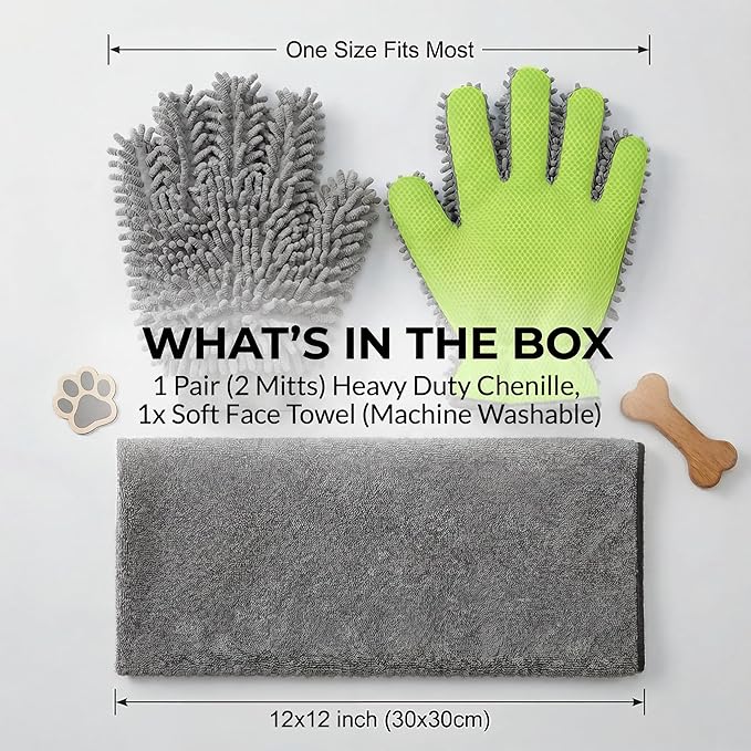 Dog Paw Cleaner & Drying Towel Mitts – Super Absorbent Chenille Microfiber Gloves for Muddy Paws, Bathing & Grooming, Soft Pet Foot Washer for Puppy & Large Dogs, Thick 2-Pack with Face Cloth