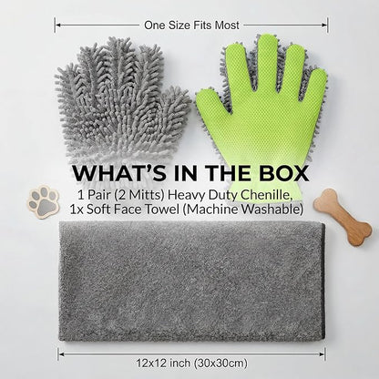 Dog Paw Cleaner & Drying Towel Mitts – Super Absorbent Chenille Microfiber Gloves for Muddy Paws, Bathing & Grooming, Soft Pet Foot Washer for Puppy & Large Dogs, Thick 2-Pack with Face Cloth