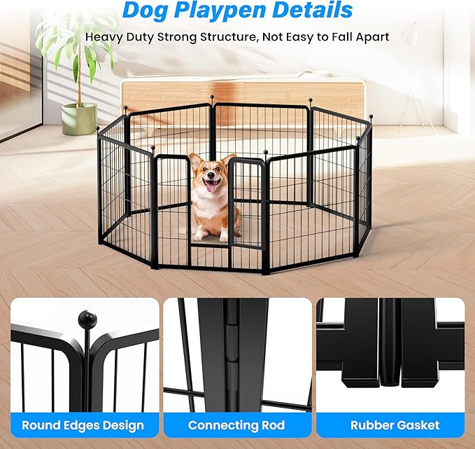 HealSmart Dog Playpen 24 Inch 8 Panels, Multi-Shaped Foldable Metal Pet Pen Fence with Single Gate, Light Weight and Easy to Carry, Black