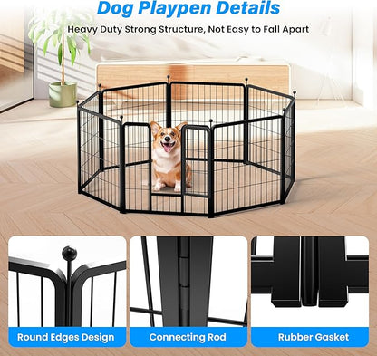 HealSmart Dog Playpen 24 Inch 8 Panels, Multi-Shaped Foldable Metal Pet Pen Fence with Single Gate, Light Weight and Easy to Carry, Black
