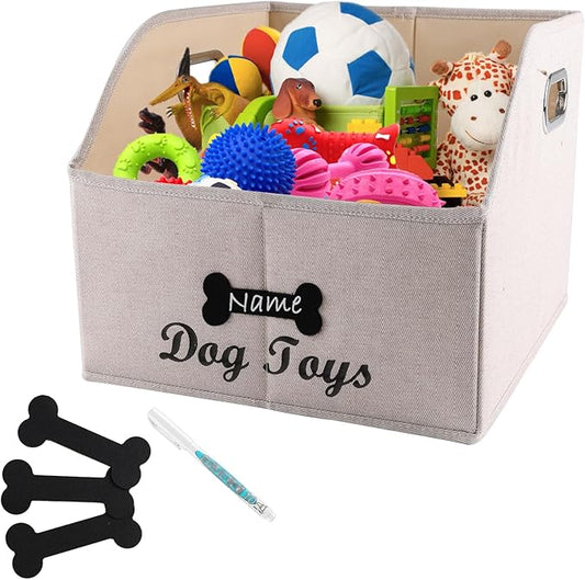 Geyecete Big Dog Toys Storage Bins Canvas Foldable Fabric Trapezoid with metal handles pet Baskets,Can be Personalized,Storage Bin Large toy box Organizer-KhakiStripe
