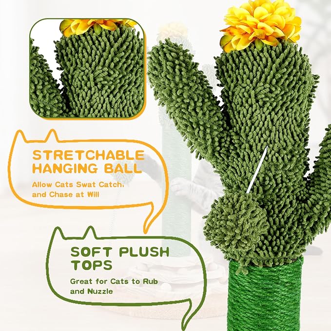 Cactus Cat Scratching Post Cat Tree, Cute Cat Scratching Post with Interactive Ball Two-Layer Track Spring Ball Toys, Standing Sisal Cactus Cat Scratcher for Indoor Cats and Kittens