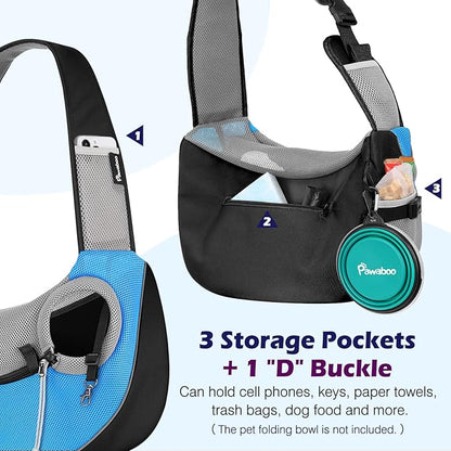 Pawaboo Pet Dog Sling Carrier, Hand Free Drawstring Dog Papoose with Adjustable Strap, Breathable Mesh Bag for Puppy Cat, Crossbody Satchel Dogs Purse with Pocket for Outdoor Travel, Light Blue, Small