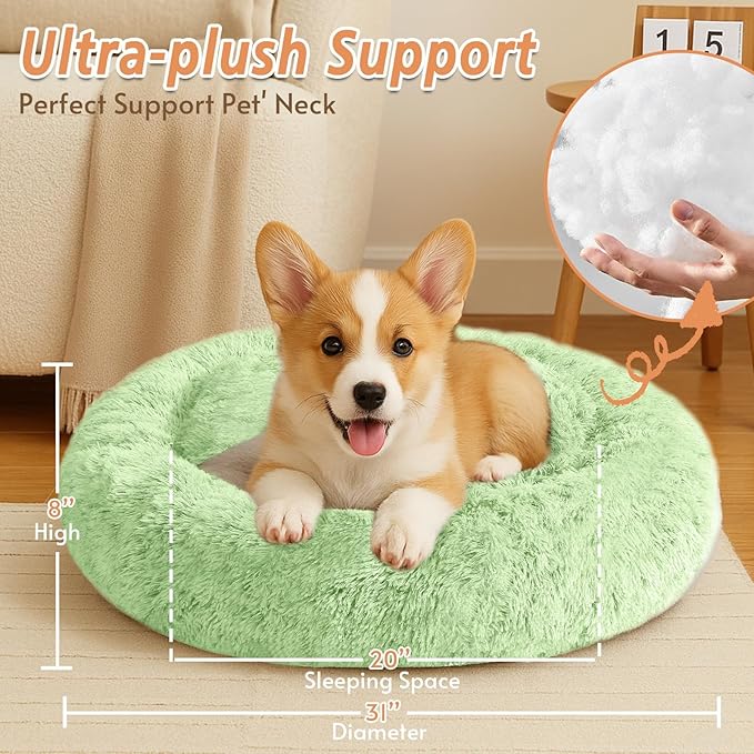JOLLYVOGUE Calming Dog Bed Medium Size Dog, Anti-Anxiety Donut Medium Pet Bed, 31 inches Fluffy Faux Fur Round Cat Bed, Fits up to 45 lbs Pets (Light Green)