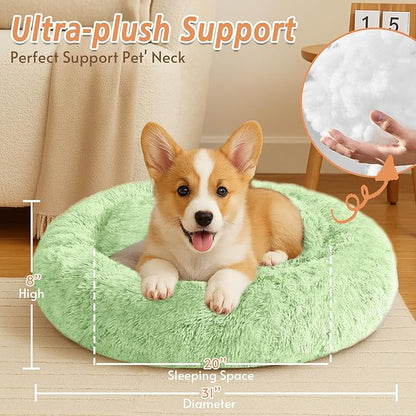 JOLLYVOGUE Calming Dog Bed Medium Size Dog, Anti-Anxiety Donut Medium Pet Bed, 31 inches Fluffy Faux Fur Round Cat Bed, Fits up to 45 lbs Pets (Light Green)