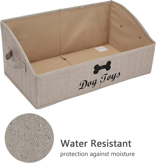 Geyecete dog toy basket Large dog toy bin dog toy box storage box - Foldable Fabric Trapezoid Organizer Boxes with Handle, Collapsible Basket for Dog Toys (KhakiStripe-DOG)