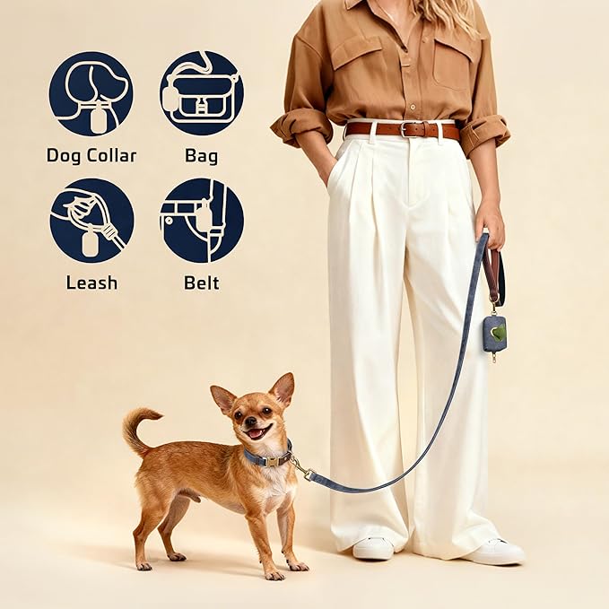 Didog Classic Dog Poop Bag Holder, Easy-Pull and Elegant PU Leather Pet Waste Bag Dispenser for Leash with Carabiner Clip, Includes 1 Roll Dog Waste Bag for Daily Walking,Blue