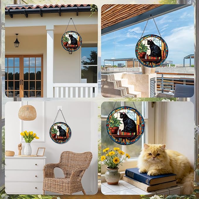 Black Cat Stained Glass Window Hanging Gifts for Women, 7.8″ Book Suncatchers for Indoor Window Decor, Decorative Sun Catchers Home Wall Art Gift for Thanksgiving Christmas Housewarming