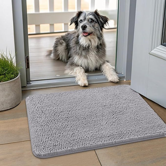 Smiry Dog Door Mat for Muddy Paws 24x16, Absorbs Moisture and Dirt Doormat, Non-Slip Washable Quick Dry Chenille Front Door Mat Indoor Entrance, Entryway Carpet for Inside Floor, Light Grey