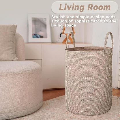 Large Woven Laundry Basket Hamper,100L Cotton Rope Storage Bin for Blankets,Toys and Clothes,Decorative Tall Nursery Hamper for Living Room,Baby Nursery,Bathroom and Bedroom,Oatmeal