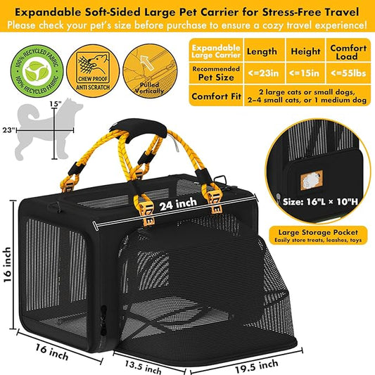 PAWZIDEA Large Pet Carrier Expandable, 24"×16"×16" Soft-Sided Cat Carrier for 2–4 Cats up 55lb, Portable & Collapsible Small Medium Dog Travel Crate for Car, XL Storage Pocket, ID Card, Shoulder Strap