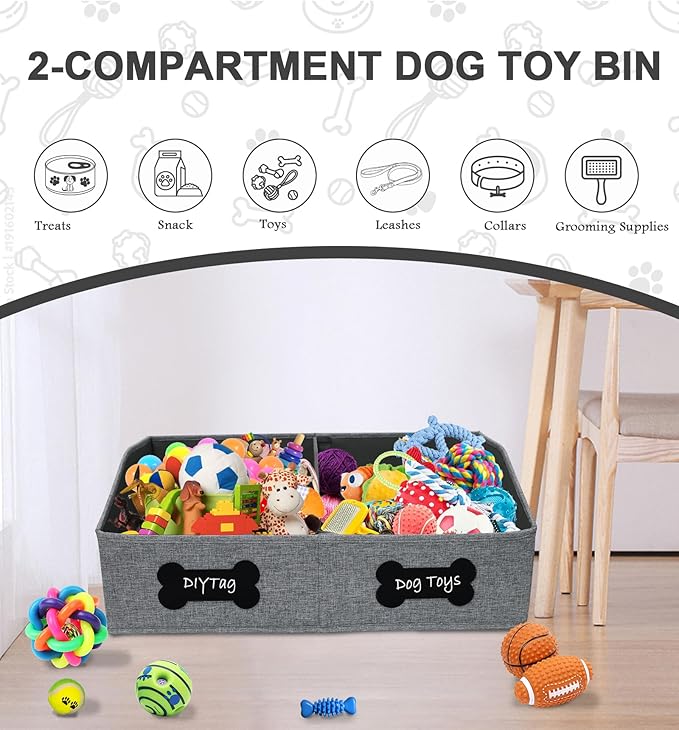 Large Dog Toy Basket,Dog Toy Box for Living Room Area,Collapsible Dog Toy Bin with Divider,Trapezoid Dog Toy Storage-with DIY Tag,Dog Organizer ideal for Pet Toys Blankets Leashes Snack