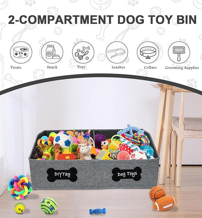 Large Dog Toy Basket,Dog Toy Box for Living Room Area,Collapsible Dog Toy Bin with Divider,Trapezoid Dog Toy Storage-with DIY Tag,Dog Organizer ideal for Pet Toys Blankets Leashes Snack