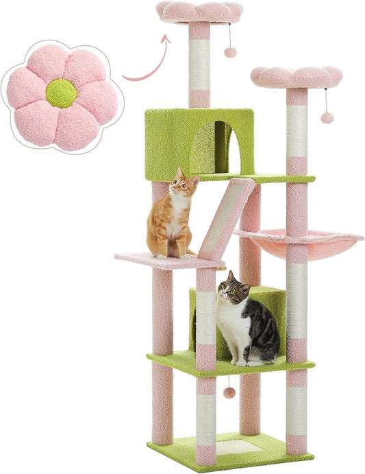 PAWZ Road Pink Cat Tower, 70 Inches Flower Cat Tree with 2 Cozy Condos, 2 Plush Perch, Large Basket, 2 Scraching Pad & 6 Scraching Posts for Indoor Cats Large Adult
