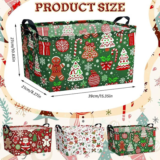 4 Pack Christmas Storage Bin Collapsible Large Christmas Storage Baskets for Gifts Xmas Tree Canvas Laundry Basket Foldable Box with Handle for Office Home Bedroom Clothes Toys Holiday Decor