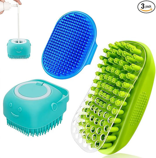 3PCS Dog Bath Brush | Dog Scrubber for Bath | Dog Shampoo Brush | Dog Washing/Shower Brush, Suitable for Short/Long Haired Dogs, Dog Brush for Shedding, Bathing, Massaging & Grooming (Blue Blue Green)