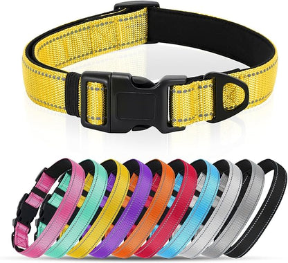 Reflective Dog Collar with Quick Release Buckle - Metal Ring - Adjustable Soft Neoprene Padded Basic Dog Collar for Small Medium Large Dogs (Yellow, Small :Width 1",Neck 11.8-15.7")