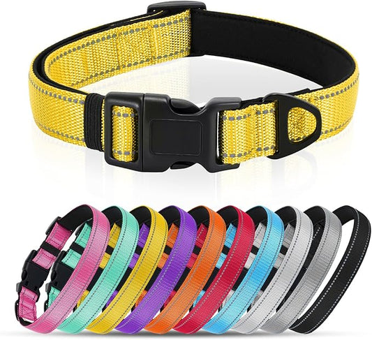Reflective Dog Collar with Quick Release Buckle - Metal Ring - Adjustable Soft Neoprene Padded Basic Dog Collar for Small Medium Large Dogs (Yellow, Small :Width 1",Neck 11.8-15.7")