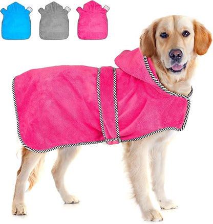 Dog Bathrobe with Hood - Super Absorbent Quick Drying Microfiber Pet Towel Dog Robe for After Bath (Rose red, Large)