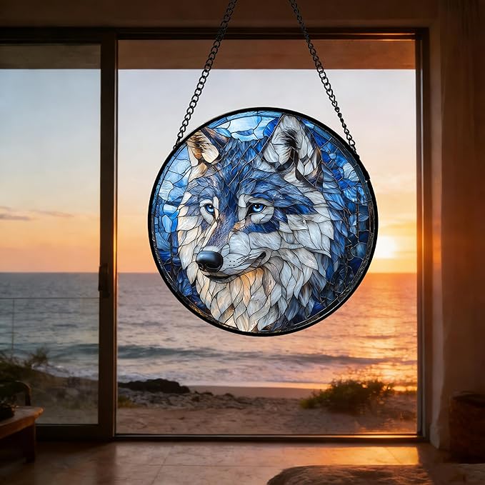 Stained Glass Window Hanging - Funny Wolf Suncatcher Ready to Hang Window Doors Home Decoration and Christmas, Mother's Day Birthday Gifts for Women, Men, and Mom 11.8x11.8 in