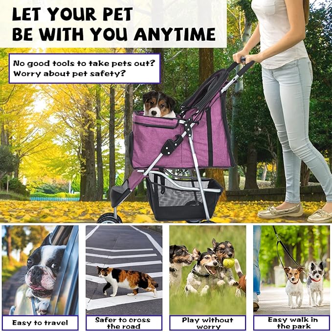Dog Stroller for Small Dogs,Pet Stroller Strolling Cart Folding Pet Gear Lightweight Waterproof with Storage Basket for Puppy Small Medium Dogs Cats for Travel,Purple
