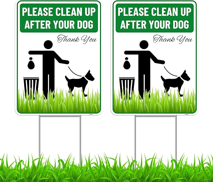 2PC Clean Up After Your Dog Sign with Stakes, 9 Inches by 12 Inches - Corrugated Plastic - Please Pick Up Your Dog Poop Yard Grass Lawn Sign