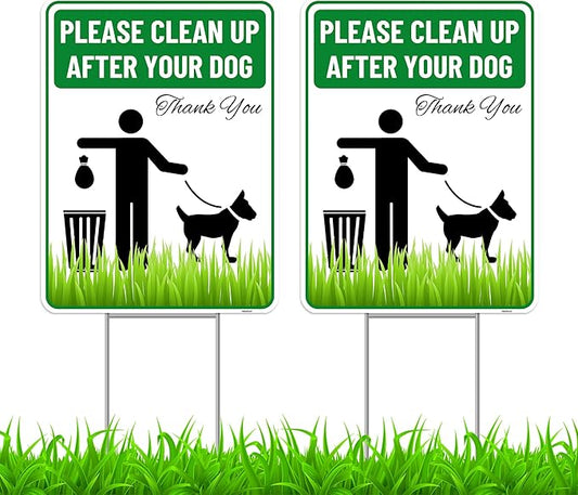 2PC Clean Up After Your Dog Sign with Stakes, 9 Inches by 12 Inches - Corrugated Plastic - Please Pick Up Your Dog Poop Yard Grass Lawn Sign