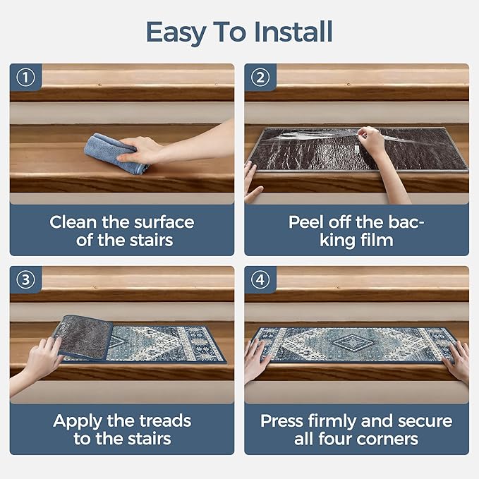 Non Slip Stair Treads for Wooden Steps 15PCS - 8"x30" Indoor Safety Carpet, Edging Mats with TPE Adhesive Backing, Pet and Elderly Friendly Stair Rugs (Blue&Ivory)
