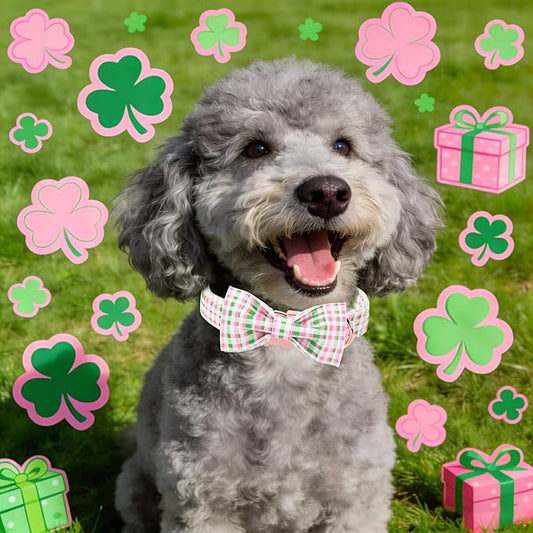 Maca Bates Plaid Dog Collar with Fancy Bow Tie,Cherry Pink Green Gingham Pattern for Extra Small Girl Boy Dogs,Adjustable Durable Soft Collars Irish Gift for Male Female Puppy