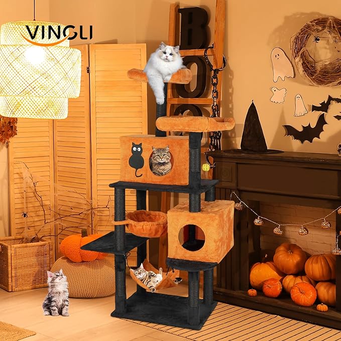 VINGLI 61.1in Halloween Cat Tree, Large Cat Tower with 2 Cat Condos, 2 Padded Perches, 2 Hammocks, Scratching Posts & Hanging Toy, Black & Orange Multi-Level Cat Furniture for Large Cats