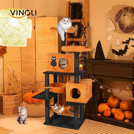VINGLI 61.1in Halloween Cat Tree, Large Cat Tower with 2 Cat Condos, 2 Padded Perches, 2 Hammocks, Scratching Posts & Hanging Toy, Black & Orange Multi-Level Cat Furniture for Large Cats