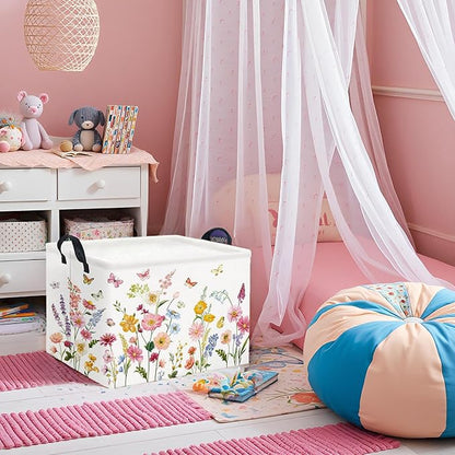 Rectangular Baby Girls Basket Kids Baby Storage Basket Cute Storage Bin Organizer Shelf Book Flower Room Decor(Butterfly Flower)