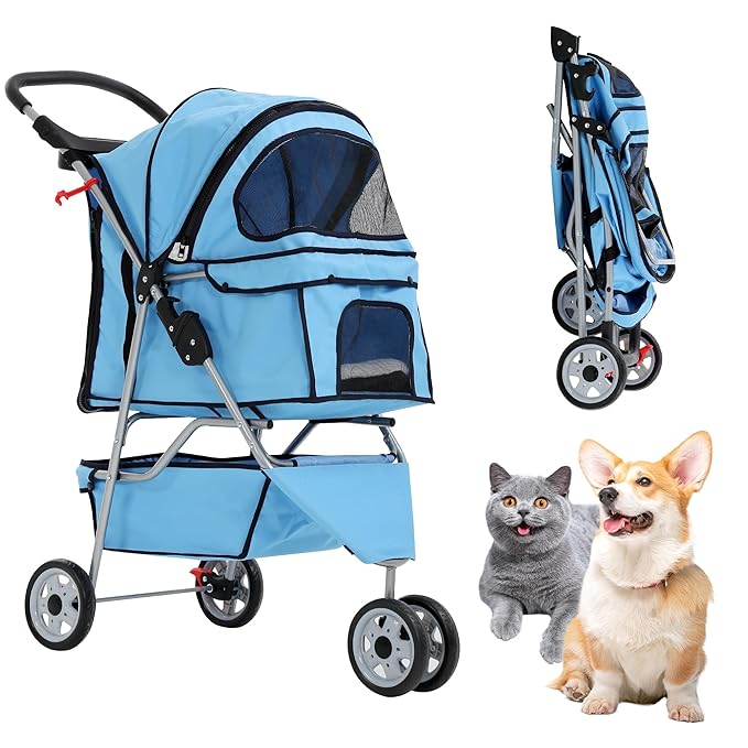 Pet Stroller for Small Medium Dogs & Cats,3-Wheel Breathable Compact Foldable Dog Carrier with Storage Basket, Outdoor Portable Lightweight Travel Stroller for Camping,Blue
