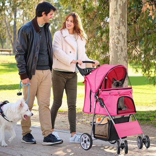 LEMY Foldable Pet Stroller,4 Wheels Cat/Dog Stroller with Weather Cover for Small/Medium Dogs and Cats,Pink Pet Strolling Cart with Storage Basket and Cup Holder