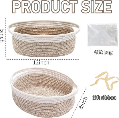 Woven Basket,Small Rope Storage Bin with Handles & Ribbon Bag, Organizer for Shelves Closets,Gift Basket Empty for Birthday,Books,Dog Toys, White&Oatmeal