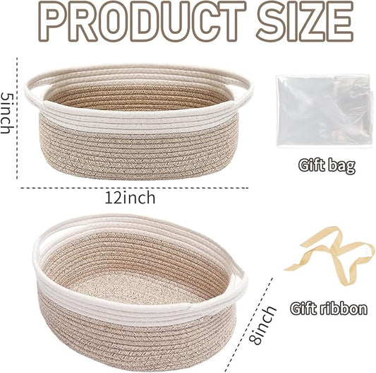 Woven Basket,Small Rope Storage Bin with Handles & Ribbon Bag, Organizer for Shelves Closets,Gift Basket Empty for Birthday,Books,Dog Toys, White&Oatmeal